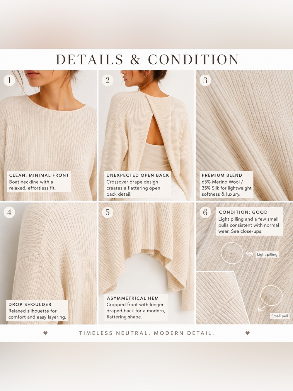 Banana Republic Merino Wool Silk Open Back Ribbed Sweater XS Ivory - Picture 5 of 13